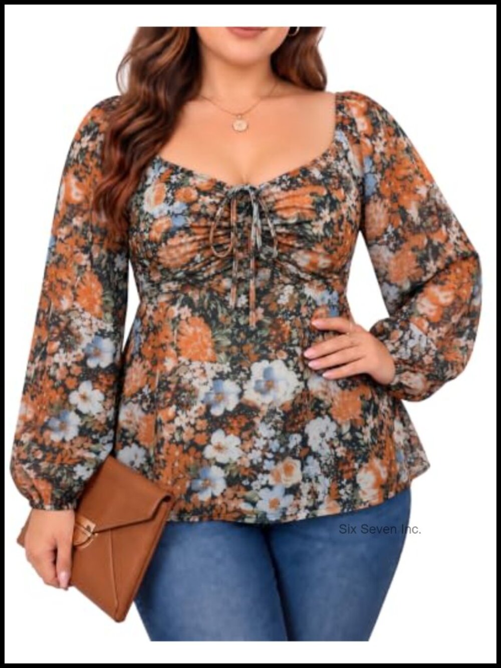 Plus Size Mesh Floral Peplum Blouse Bishop Sleeve Sweetheart Neck Tie Front